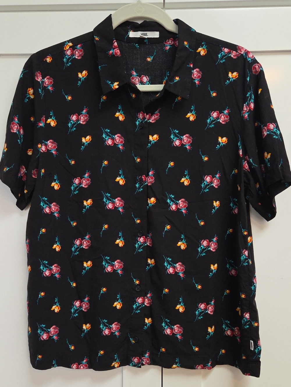 Vans Black Womens Short-Sleeve Button-Up Shirt with Pink & Yellow Floral Print.